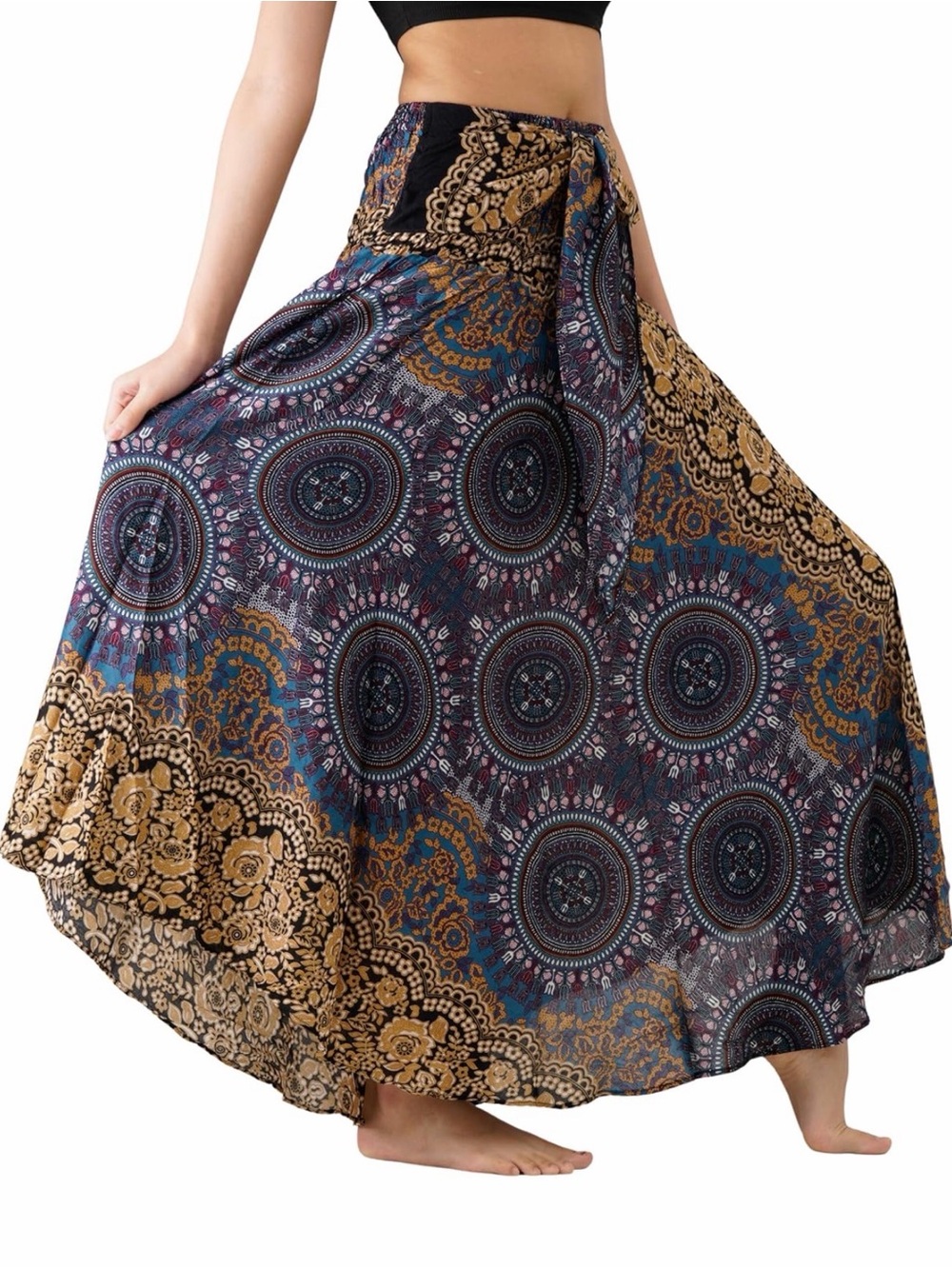 Bohemian Print Flowing Maxi Skirt - Multi/Gold